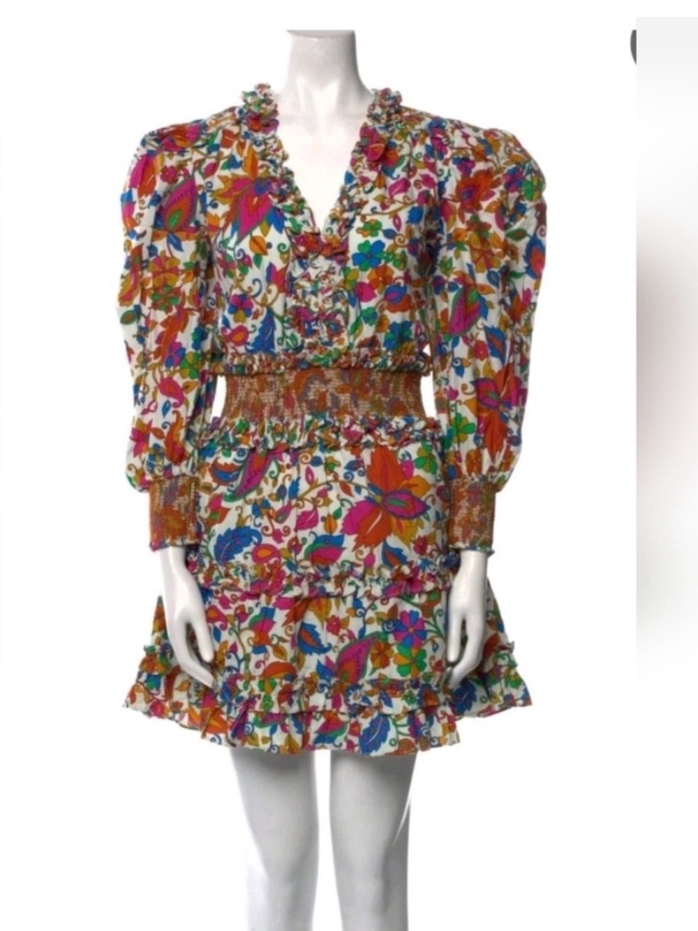 House Of Harlow V-neck Puff Sleeve Smocked Colorful Ruffle Paisley Floral Sz L